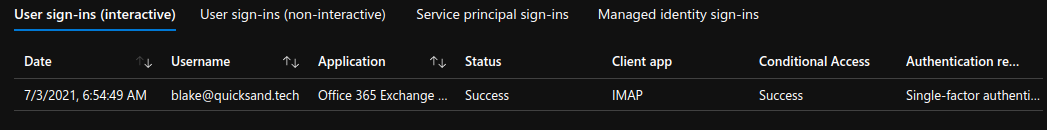 Azure AD logs show the login as a success