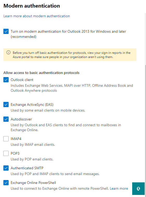 The M365 Admin Center Modern Authentication settings allow you to disable basic authentication for specific protocols