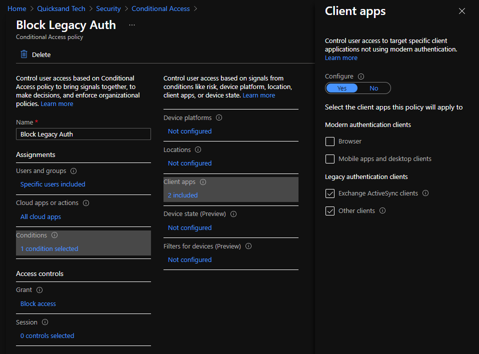 Conditional access policy settings to block legacy authentication shuold block access from legacy client apps