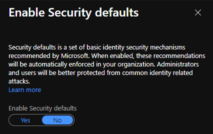 Enable Security defaults can be on or off. There are no other configuration settings.