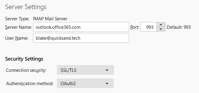 The advanced settings for a Thunderbird profile allow for the selection of OAuth2 as an authentication method