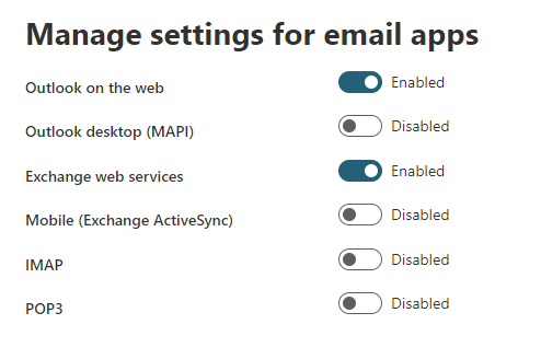 Protocols can be enabled or disabled via the Exchange Admin Center